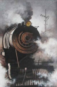 Painting of locomotive on canvas