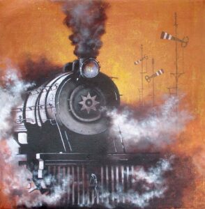 Painting of locomotive on canvas