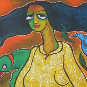 Painting of woman and bird on paper