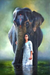 Painting of woman with elephant on canvas