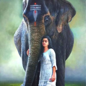 Painting of woman with elephant on canvas