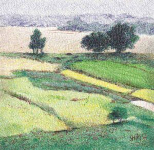 Painting of landscape with ball point pen on paper