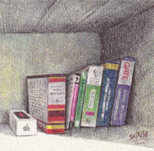 Painting of books with ball point pen on paper