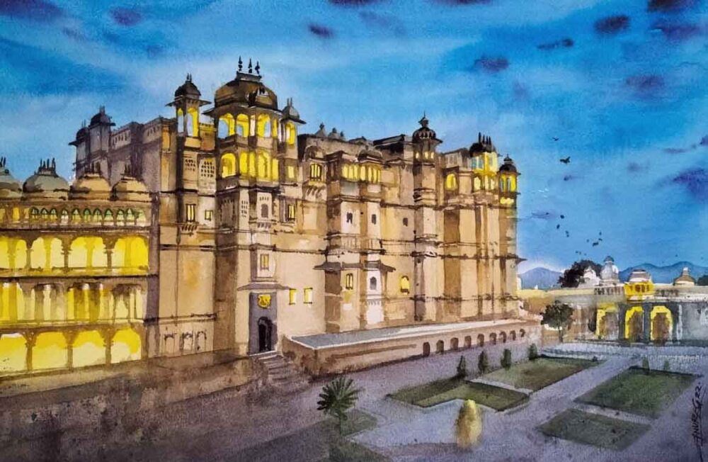 Painting of City Palace Udaipur on paper