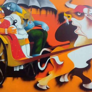 Painting on canvas of couple in rickshaw