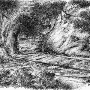 Pen and ink sketch of rural landscape on paper