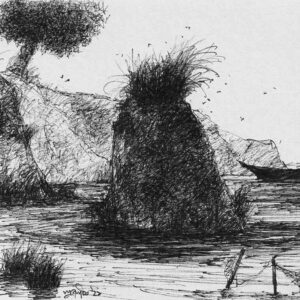 Pen and ink sketch of rural landscape on paper