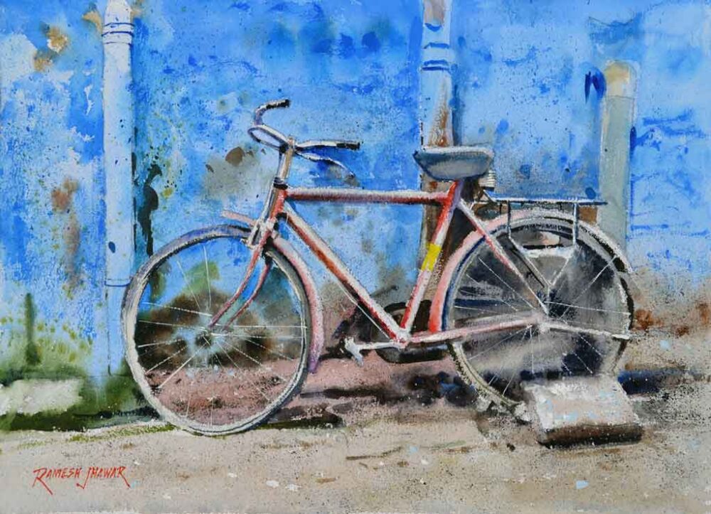 Painting on paper of bicycle.