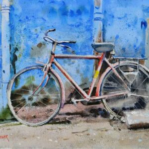 Painting on paper of bicycle.