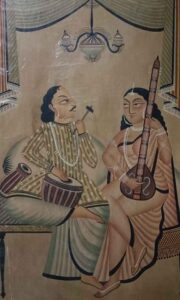 Painting of woman taking music lessons from man on paper