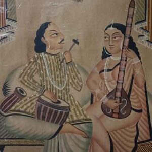 Painting of woman taking music lessons from man on paper