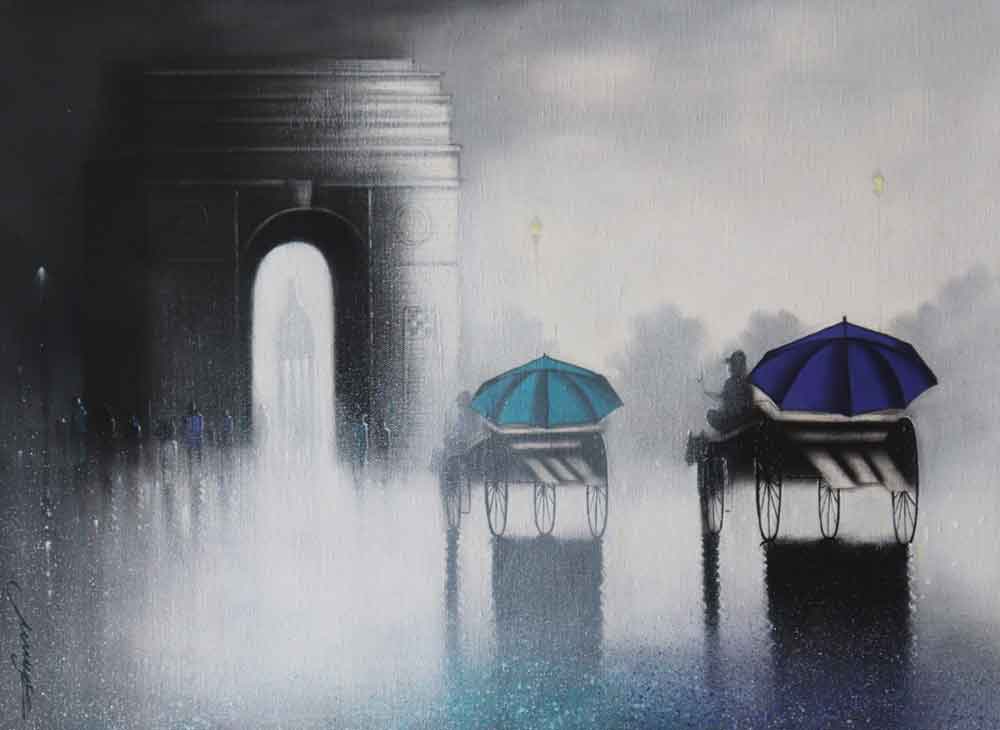 Painting of cityscape on canvas