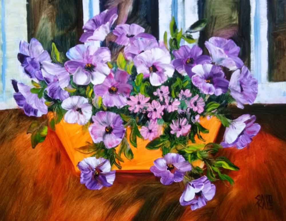 Painting of flowers with oil on canvas