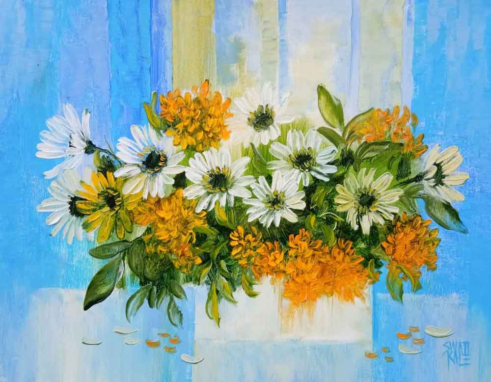 Painting of flowers with oil on canvas