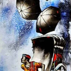 Painting of rickshaw and umbrella on canvas