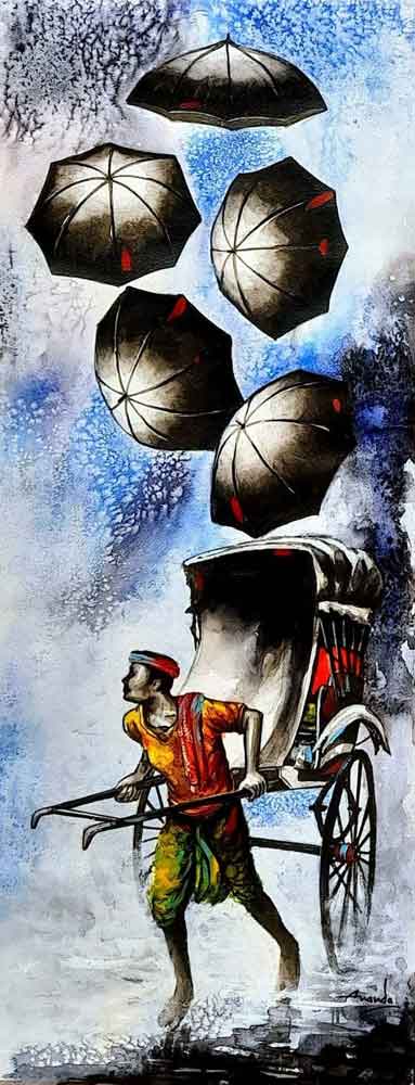 Painting of rickshaw and umbrella on canvas