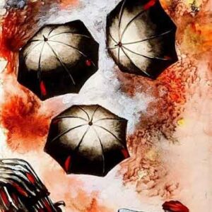 Painting of rickshaw and umbrella on paper