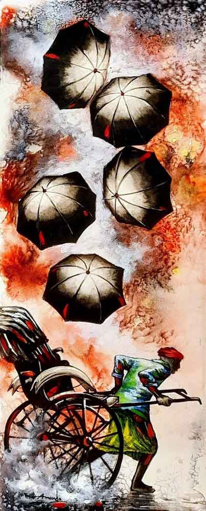 Painting of rickshaw and umbrella on paper