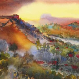 Painting of abstract valleyscape on paper