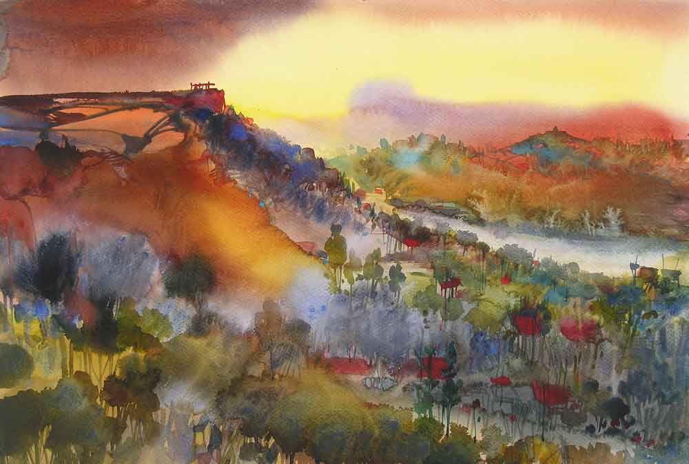 Painting of abstract valleyscape on paper