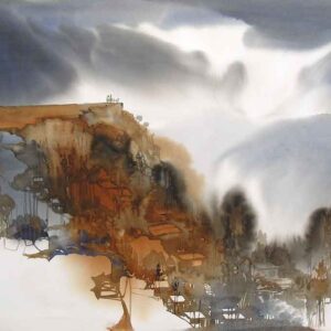 Painting of abstract valleyscape on paper