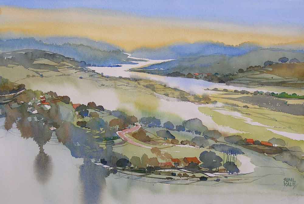 Painting of abstract valleyscape on paper