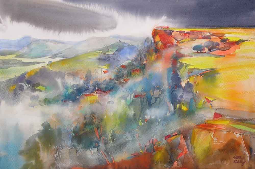 Painting of abstract valleyscape on paper