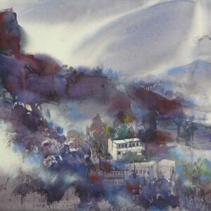 Painting of abstract valleyscape on paper