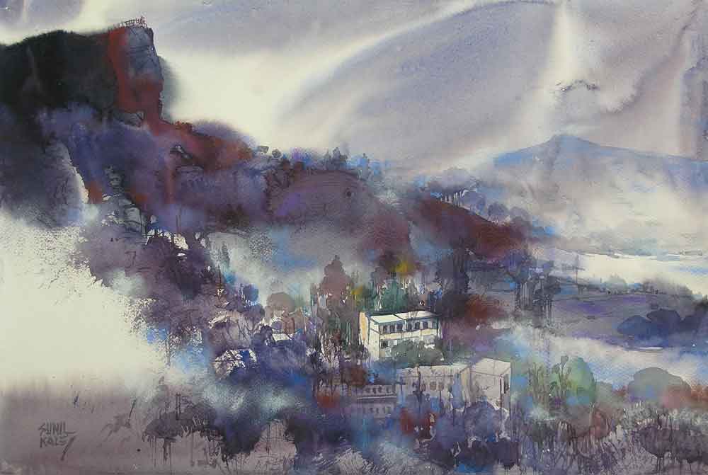 Painting of abstract valleyscape on paper