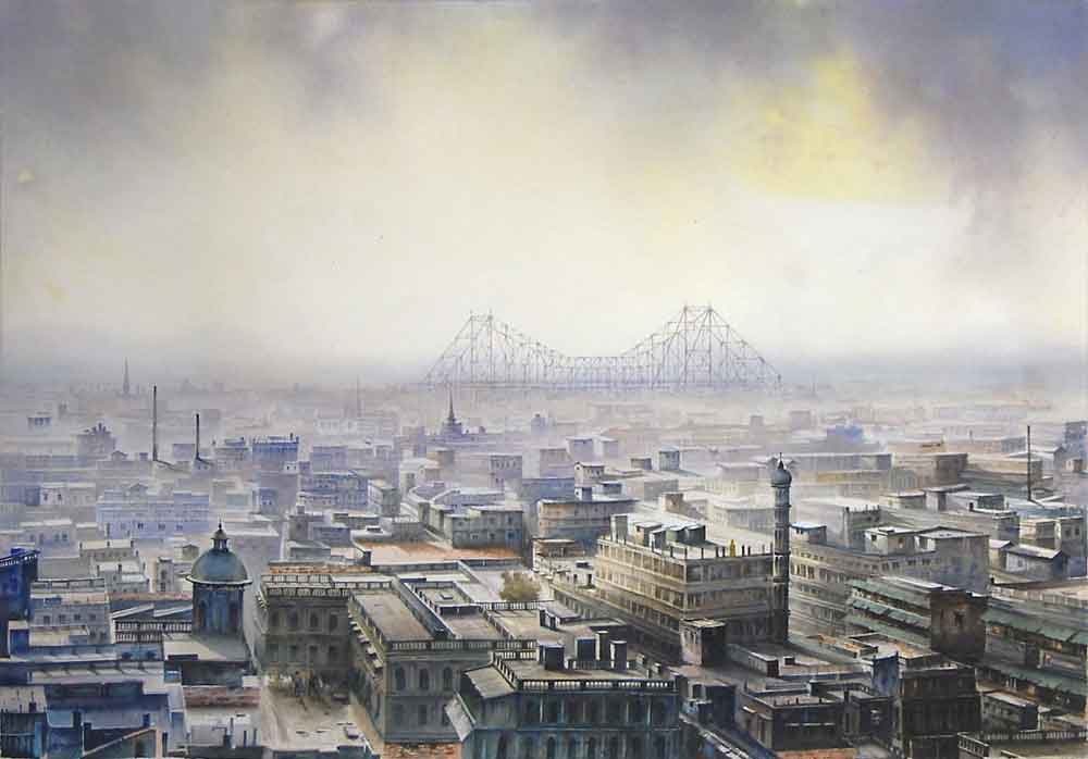 Painting of Kolkata cityscape with watercolour on paper