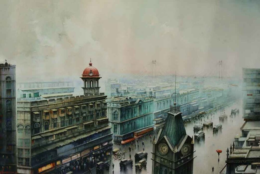 Painting of Kolkata cityscape with watercolour on paper