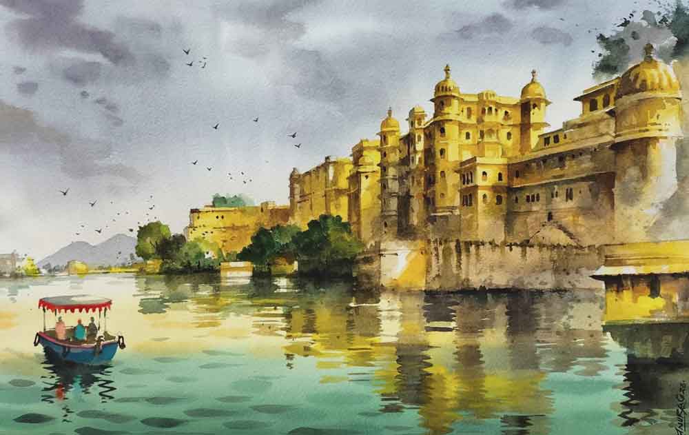 Painting of Udaipur with watercolour