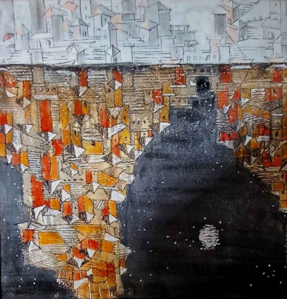 Painting on canvas of an abstract cityscape