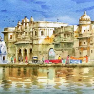 Painting with watercolour of ghat in Udaipur