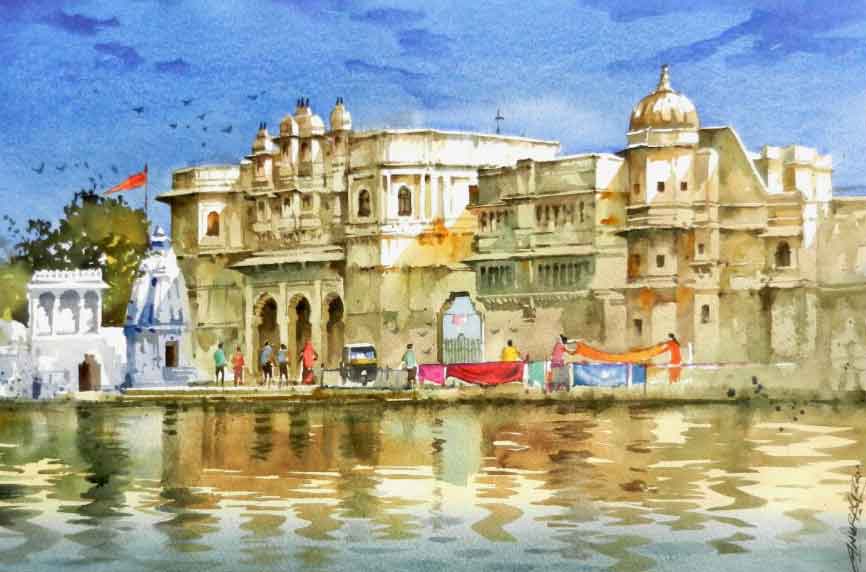 Painting with watercolour of ghat in Udaipur