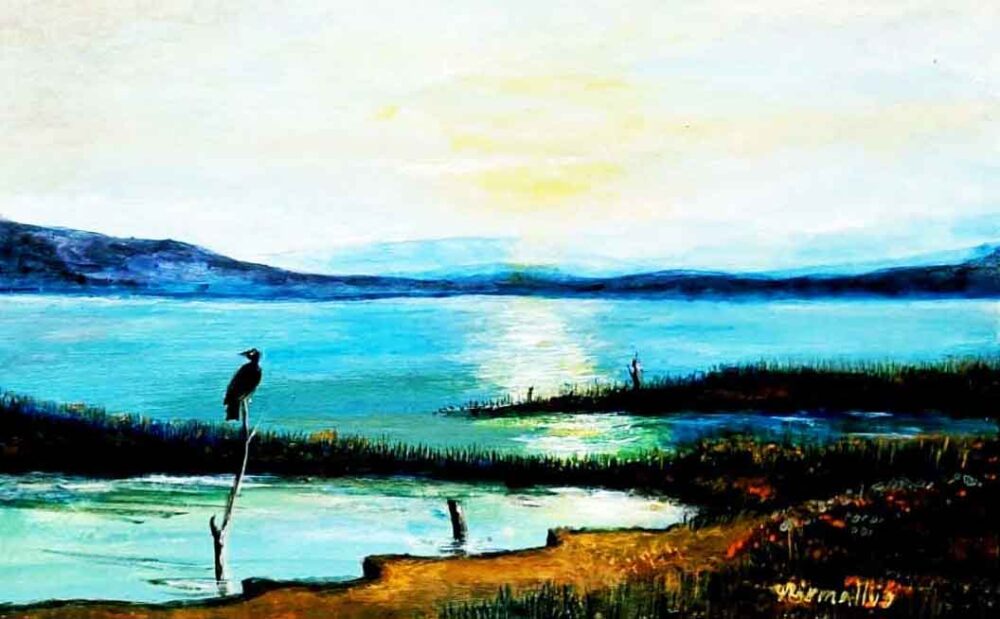 Painting of a lake with acrylic on paper