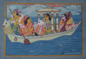 Painting of Durga's home coming with tempera on paper