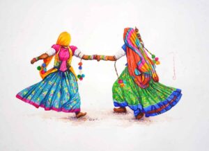 Painting of dancing women with watercolour on paper