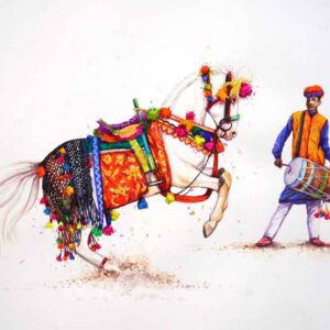Painting of dressed horse and man and with watercolour on paper