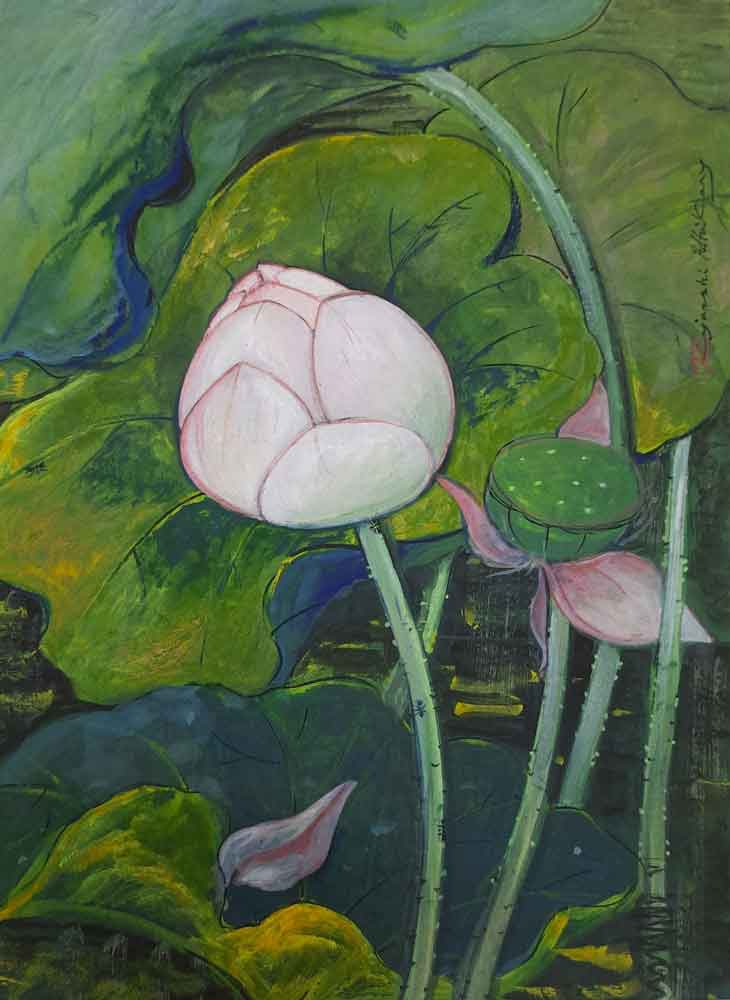 Painting of lotus with watercolour on paper