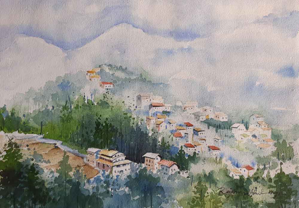 Paintings of hills with tempera on paper