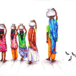 Painting of women water bearers with watercolour on paper