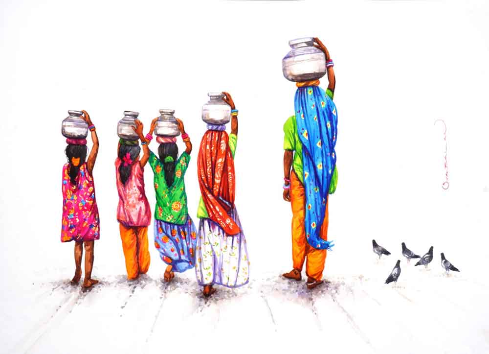 Painting of women water bearers with watercolour on paper