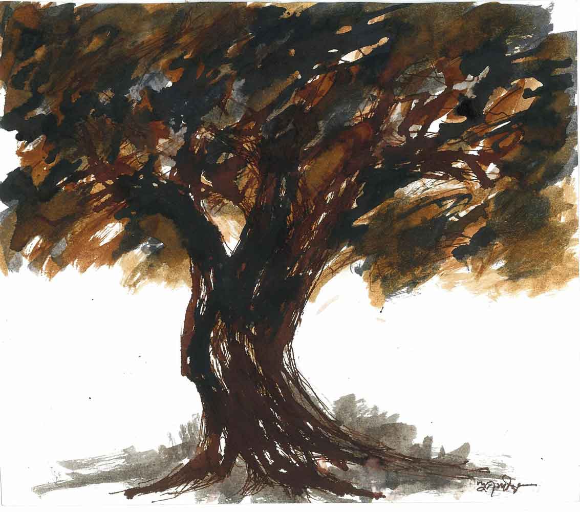 Painting of tree with mixed media on paper