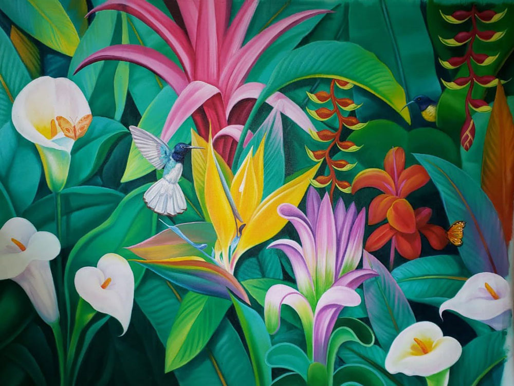 Painting of flora and fauna on canvas