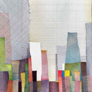 Painting of abstract cityscape with ball points on paper