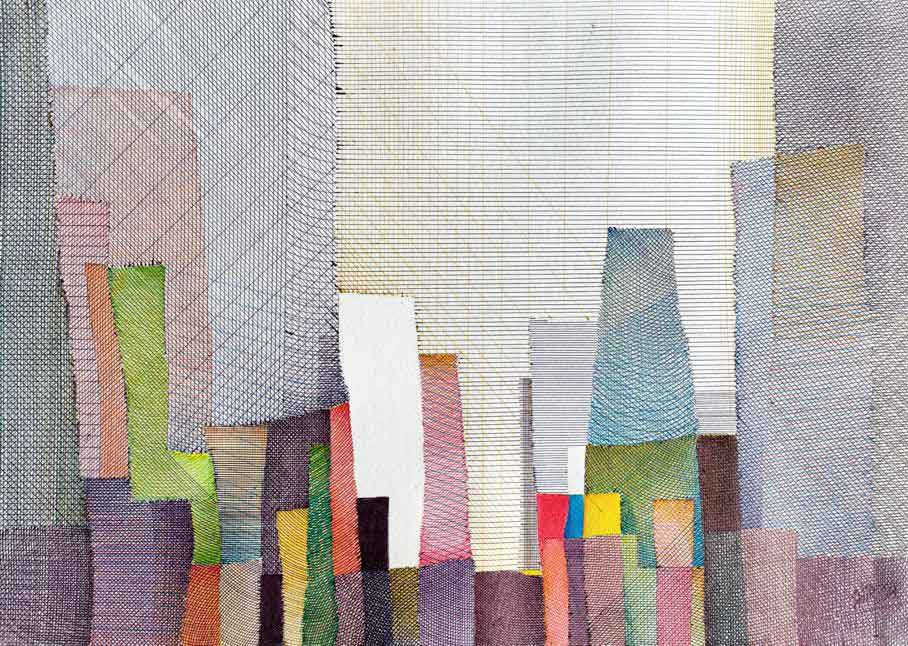 Painting of abstract cityscape with ball points on paper