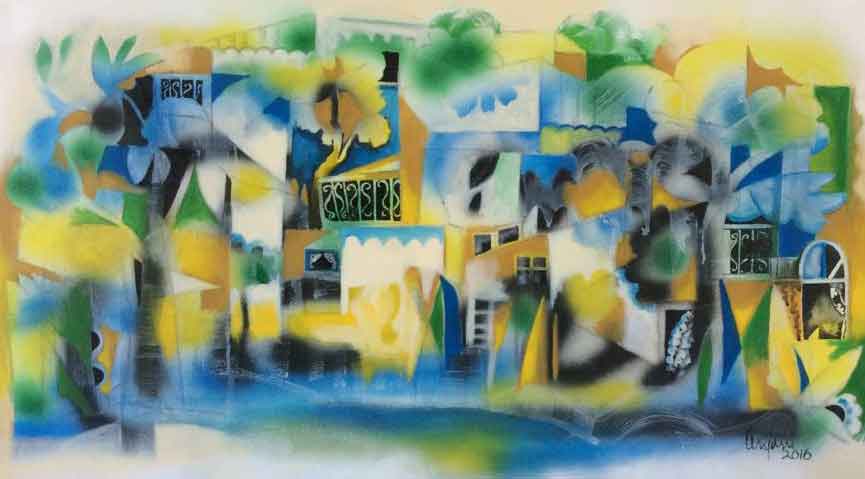 Painting of houses on canvas