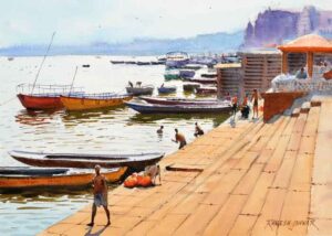 Painting of benaras ghat with watercolour on paper
