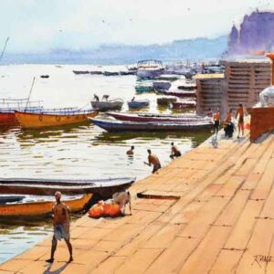 Painting of benaras ghat with watercolour on paper